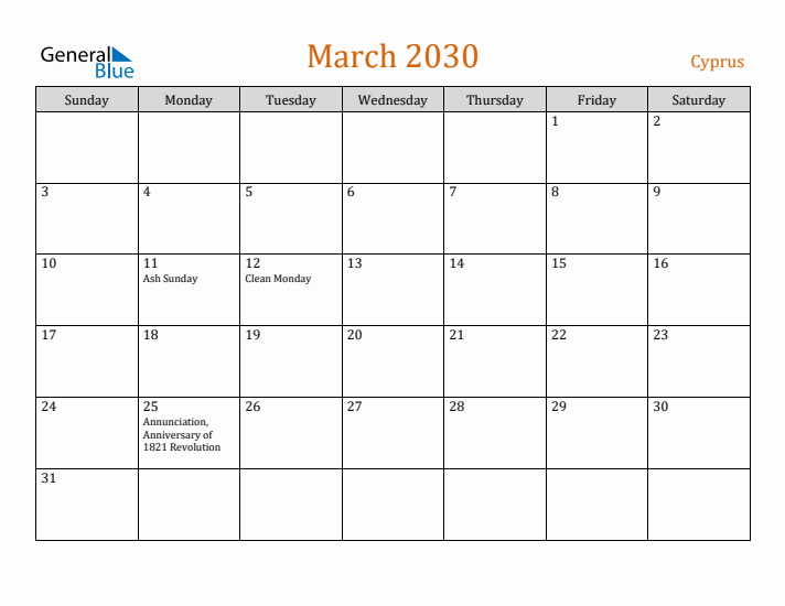 March 2030 Holiday Calendar with Sunday Start