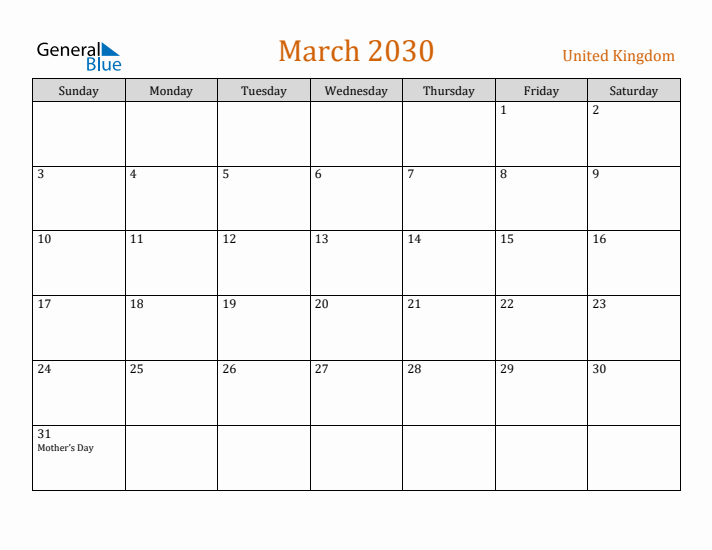 March 2030 Holiday Calendar with Sunday Start