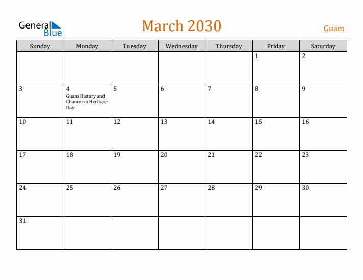 March 2030 Holiday Calendar with Sunday Start