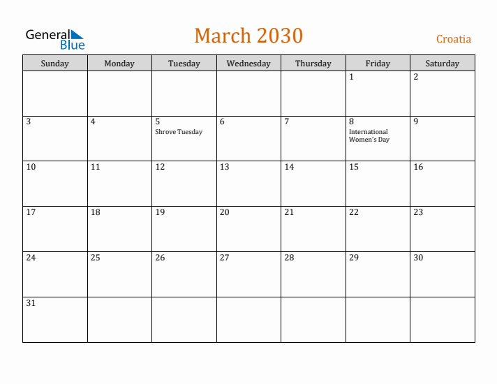 March 2030 Holiday Calendar with Sunday Start