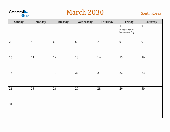 March 2030 Holiday Calendar with Sunday Start