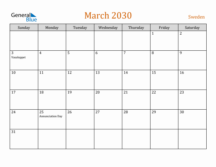 March 2030 Holiday Calendar with Sunday Start