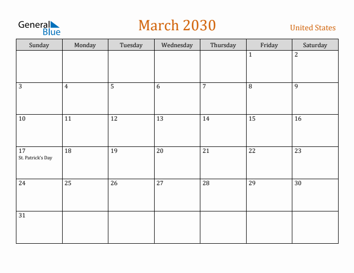 March 2030 Holiday Calendar with Sunday Start