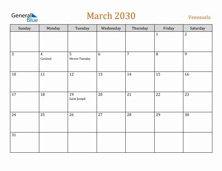 March 2030 Holiday Calendar with Sunday Start