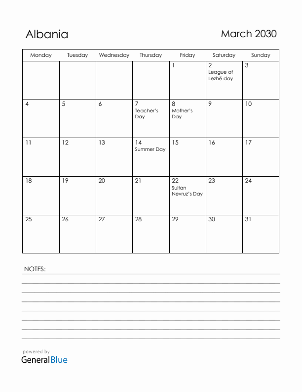 March 2030 Albania Calendar with Holidays (Monday Start)
