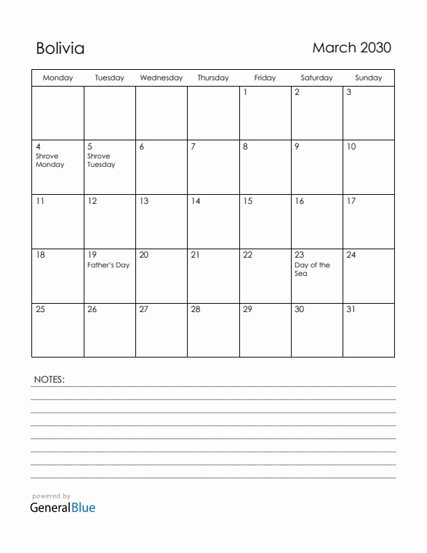 March 2030 Bolivia Calendar with Holidays (Monday Start)