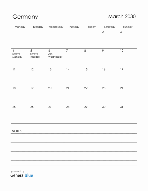 March 2030 Germany Calendar with Holidays (Monday Start)