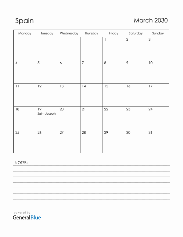 March 2030 Spain Calendar with Holidays (Monday Start)