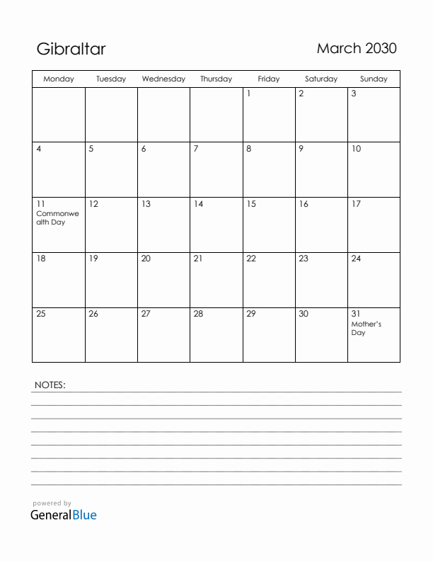 March 2030 Gibraltar Calendar with Holidays (Monday Start)