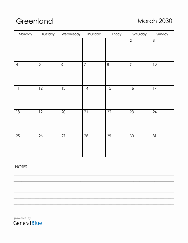 March 2030 Greenland Calendar with Holidays (Monday Start)