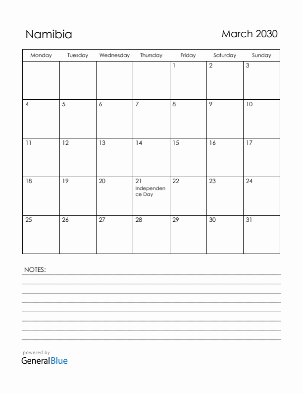 March 2030 Namibia Calendar with Holidays (Monday Start)