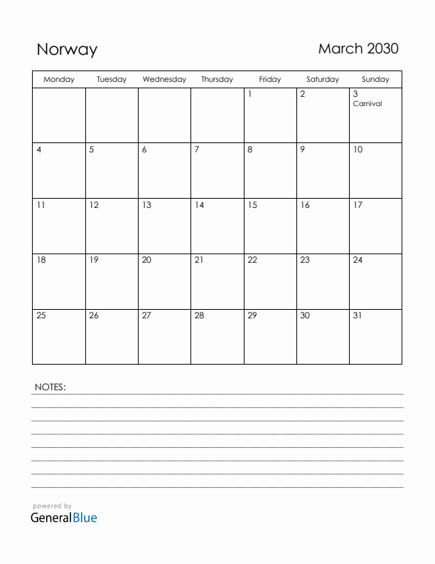 March 2030 Norway Calendar with Holidays (Monday Start)