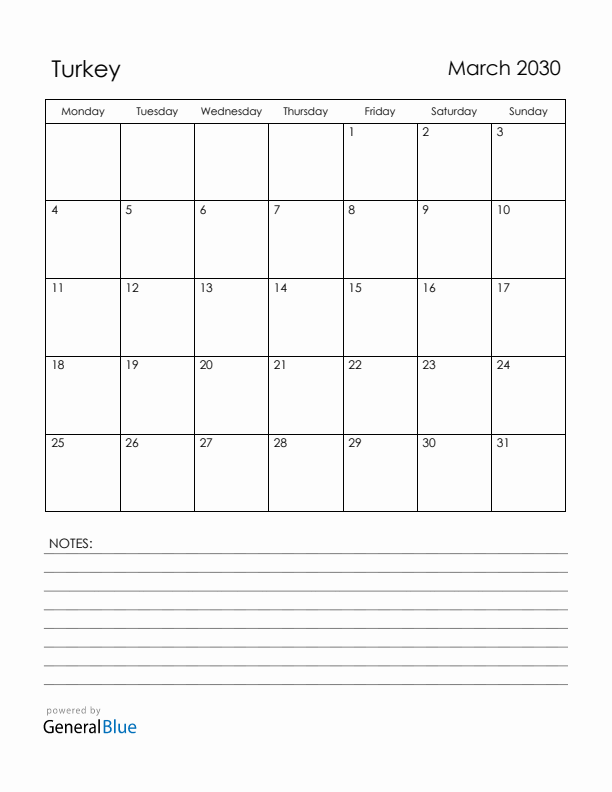 March 2030 Turkey Calendar with Holidays (Monday Start)