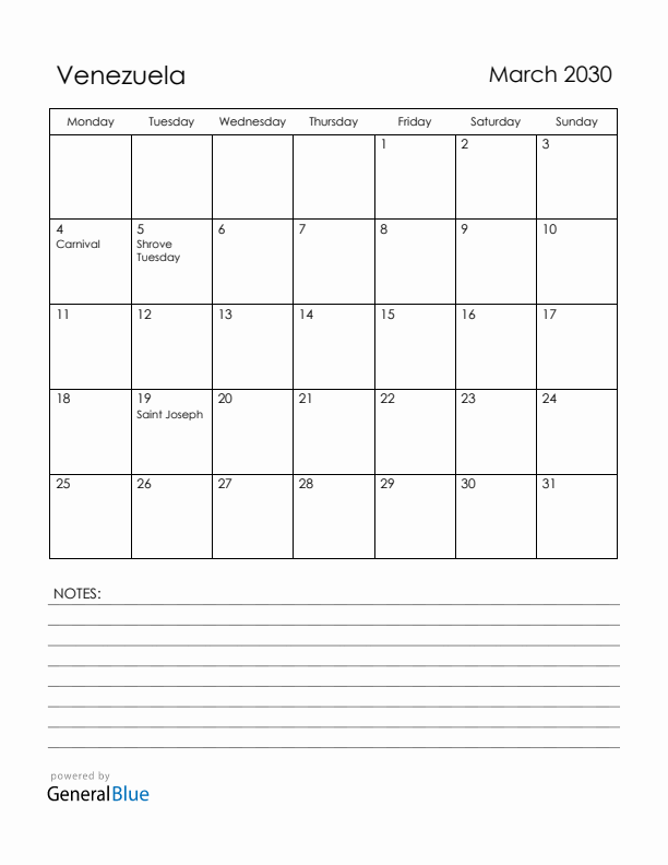 March 2030 Venezuela Calendar with Holidays (Monday Start)