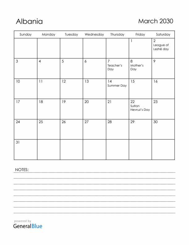 March 2030 Albania Calendar with Holidays (Sunday Start)