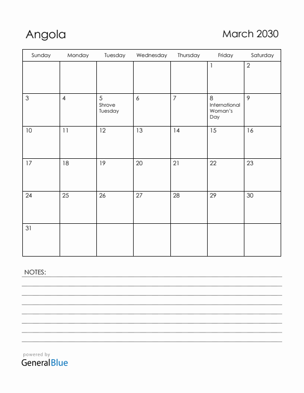 March 2030 Angola Calendar with Holidays (Sunday Start)