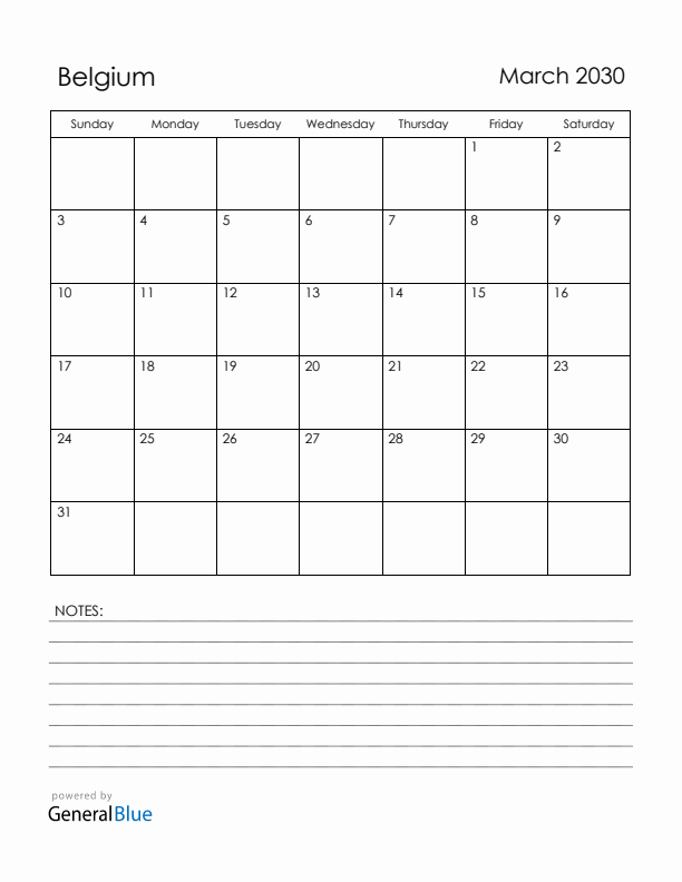 March 2030 Belgium Calendar with Holidays (Sunday Start)