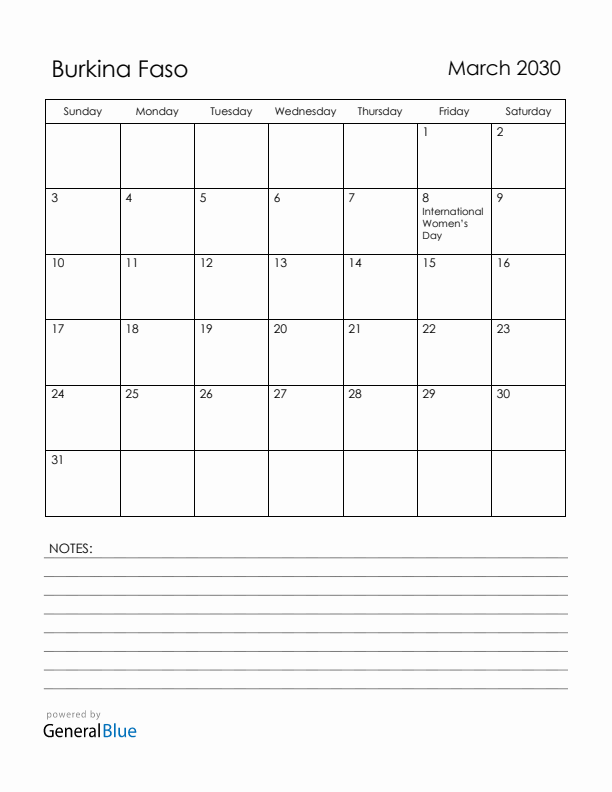 March 2030 Burkina Faso Calendar with Holidays (Sunday Start)