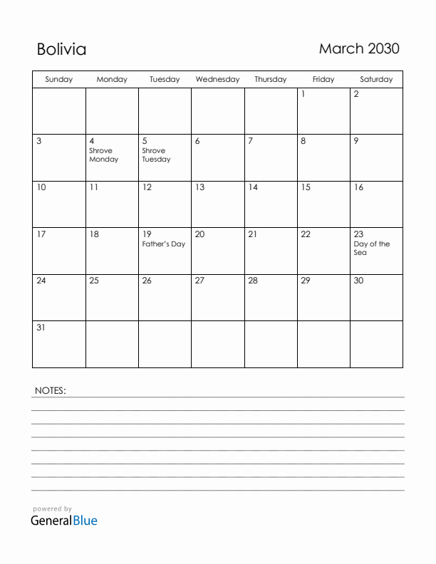 March 2030 Bolivia Calendar with Holidays (Sunday Start)