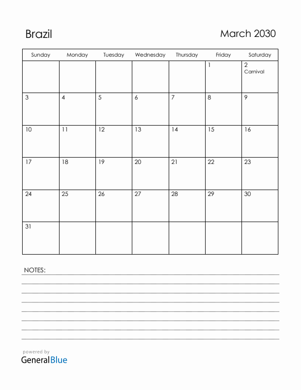 March 2030 Brazil Calendar with Holidays (Sunday Start)