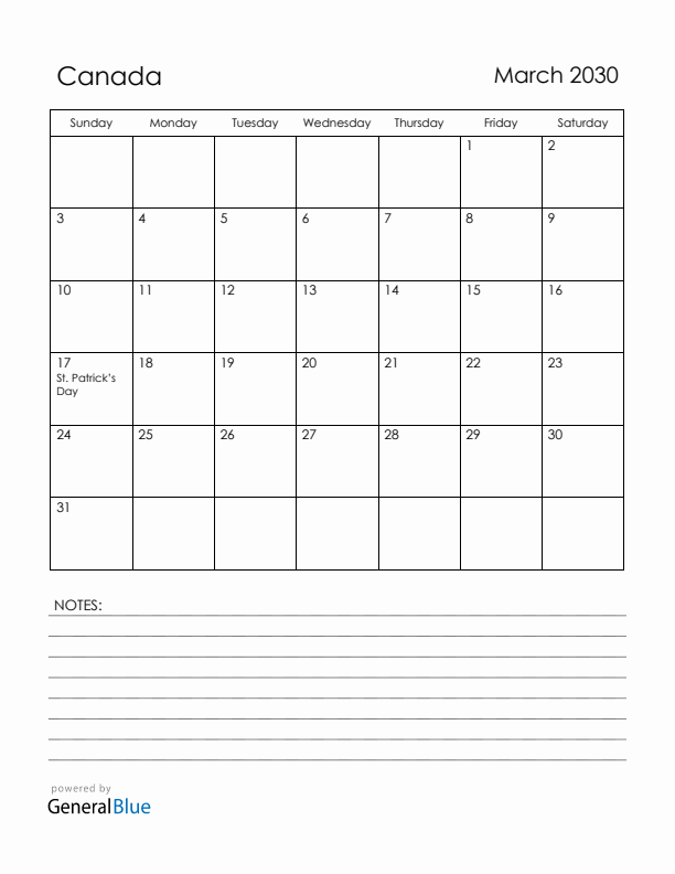 March 2030 Canada Calendar with Holidays (Sunday Start)