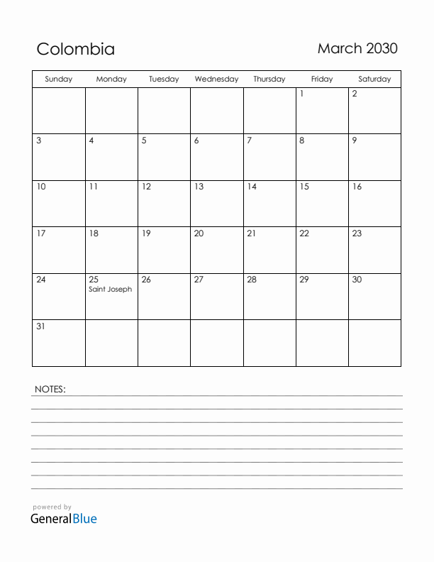 March 2030 Colombia Calendar with Holidays (Sunday Start)