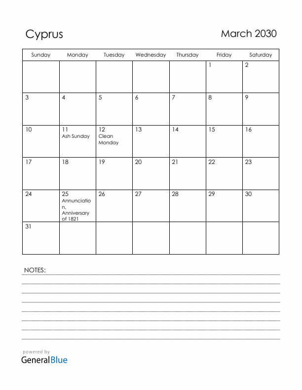 March 2030 Cyprus Calendar with Holidays (Sunday Start)