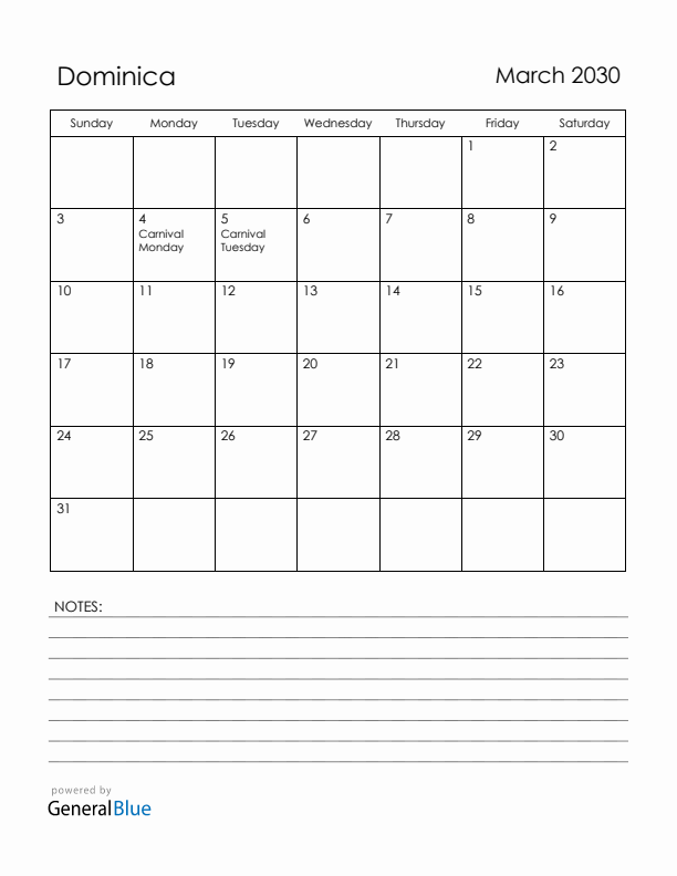 March 2030 Dominica Calendar with Holidays (Sunday Start)