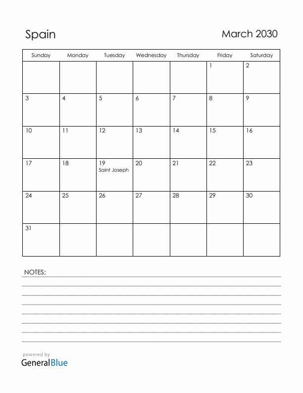 March 2030 Spain Calendar with Holidays (Sunday Start)