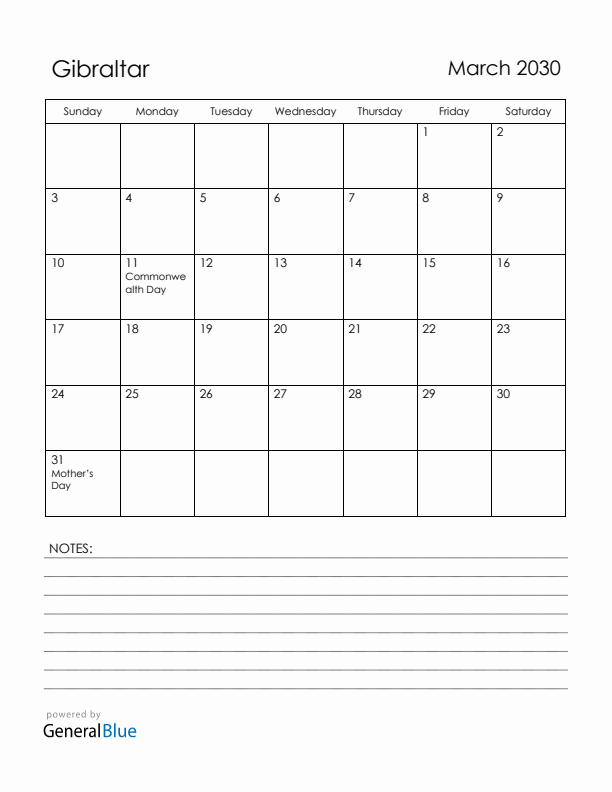 March 2030 Gibraltar Calendar with Holidays (Sunday Start)
