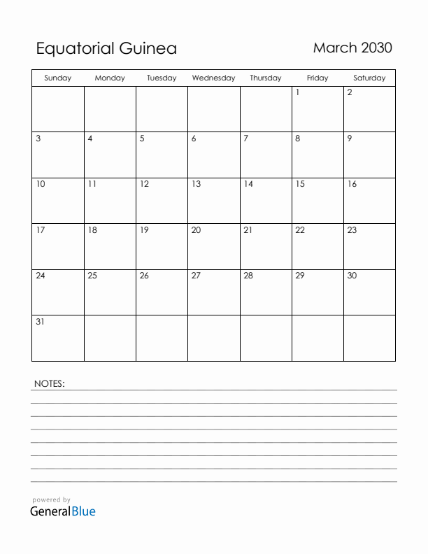 March 2030 Equatorial Guinea Calendar with Holidays (Sunday Start)