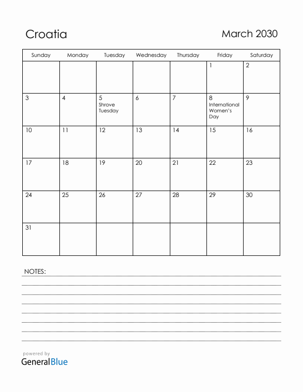 March 2030 Croatia Calendar with Holidays (Sunday Start)
