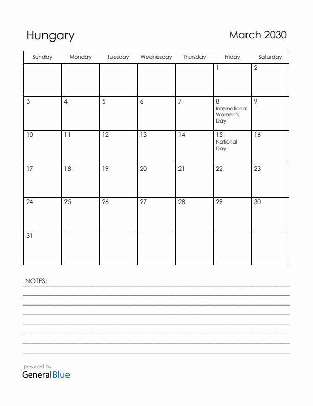 March 2030 Hungary Calendar with Holidays (Sunday Start)