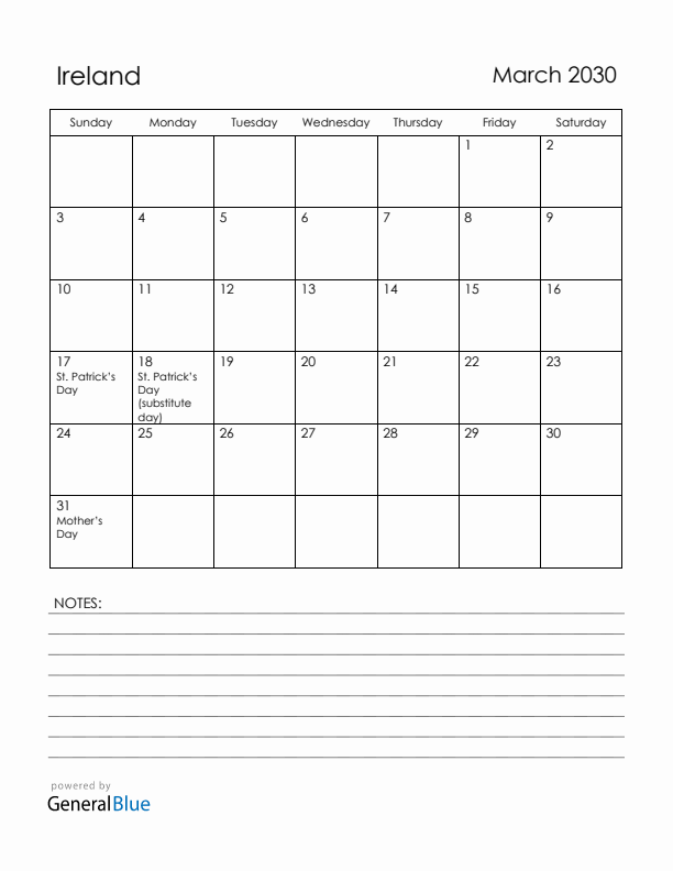 March 2030 Ireland Calendar with Holidays (Sunday Start)