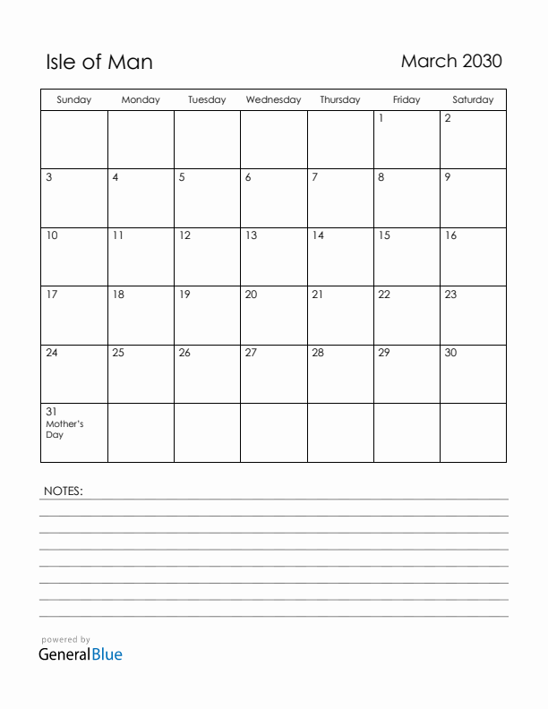 March 2030 Isle of Man Calendar with Holidays (Sunday Start)