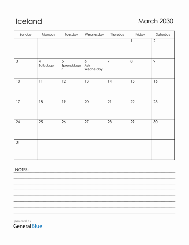 March 2030 Iceland Calendar with Holidays (Sunday Start)