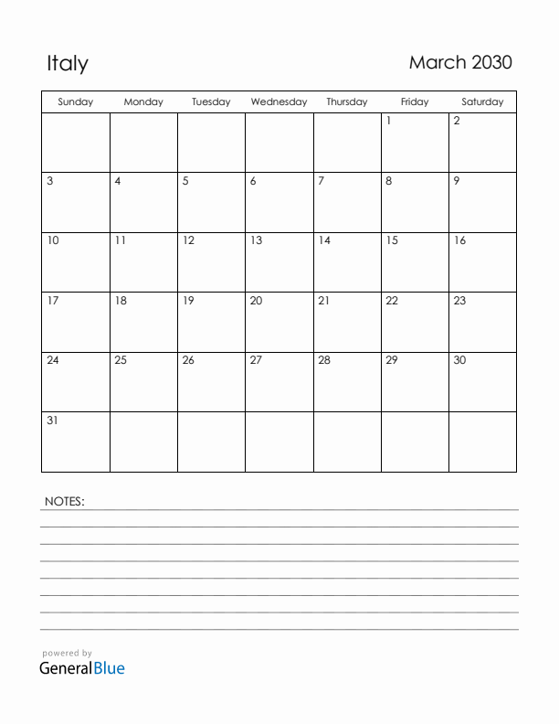 March 2030 Italy Calendar with Holidays (Sunday Start)
