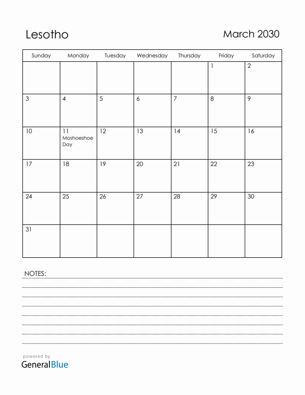 March 2030 Lesotho Calendar with Holidays (Sunday Start)