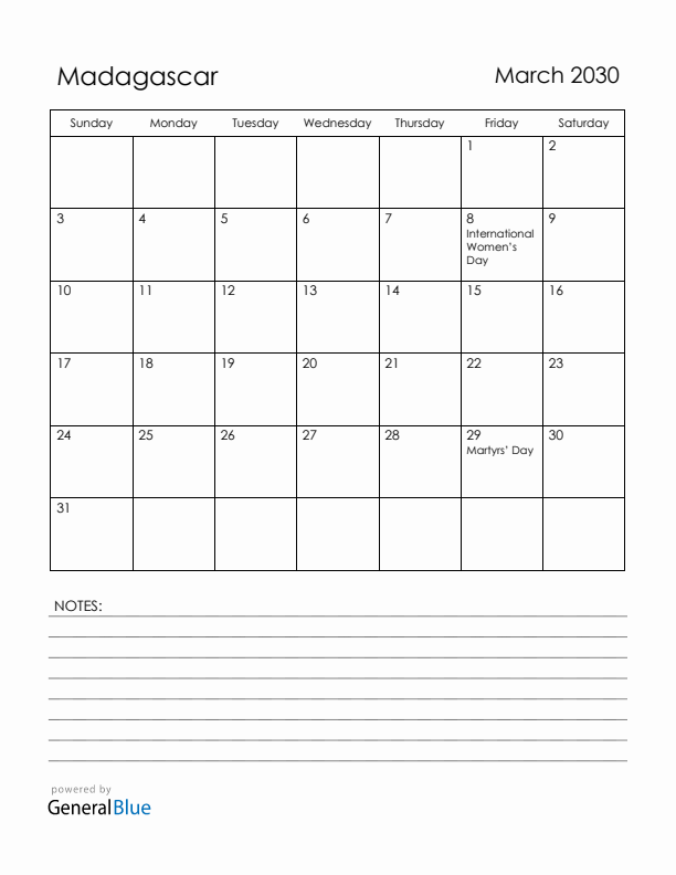 March 2030 Madagascar Calendar with Holidays (Sunday Start)
