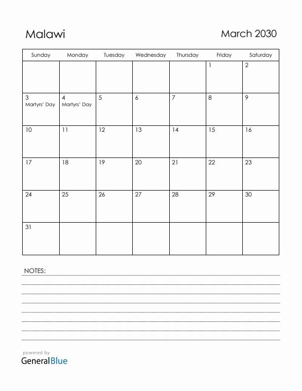 March 2030 Malawi Calendar with Holidays (Sunday Start)