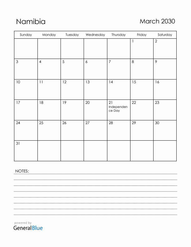 March 2030 Namibia Calendar with Holidays (Sunday Start)