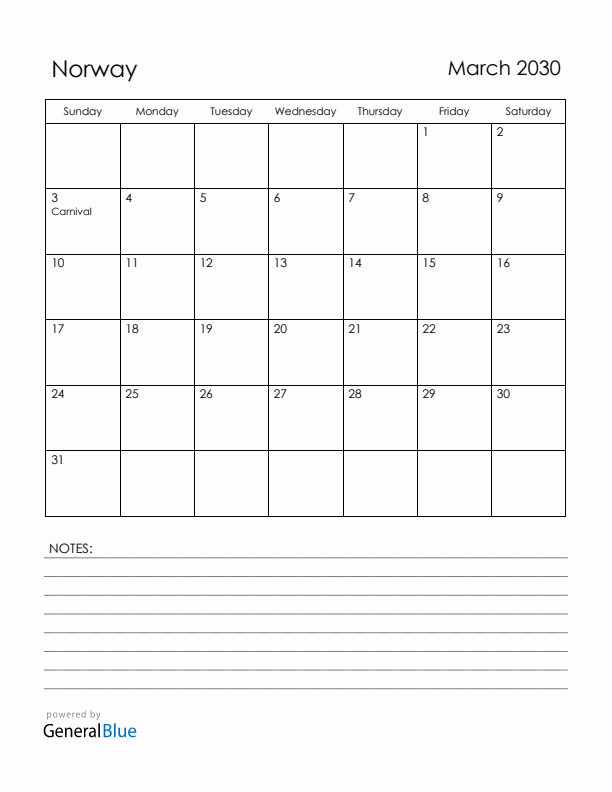 March 2030 Norway Calendar with Holidays (Sunday Start)