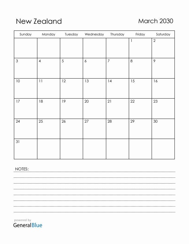 March 2030 New Zealand Calendar with Holidays (Sunday Start)