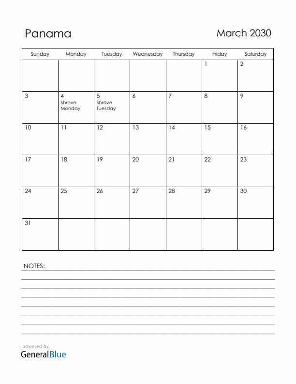 March 2030 Panama Calendar with Holidays (Sunday Start)