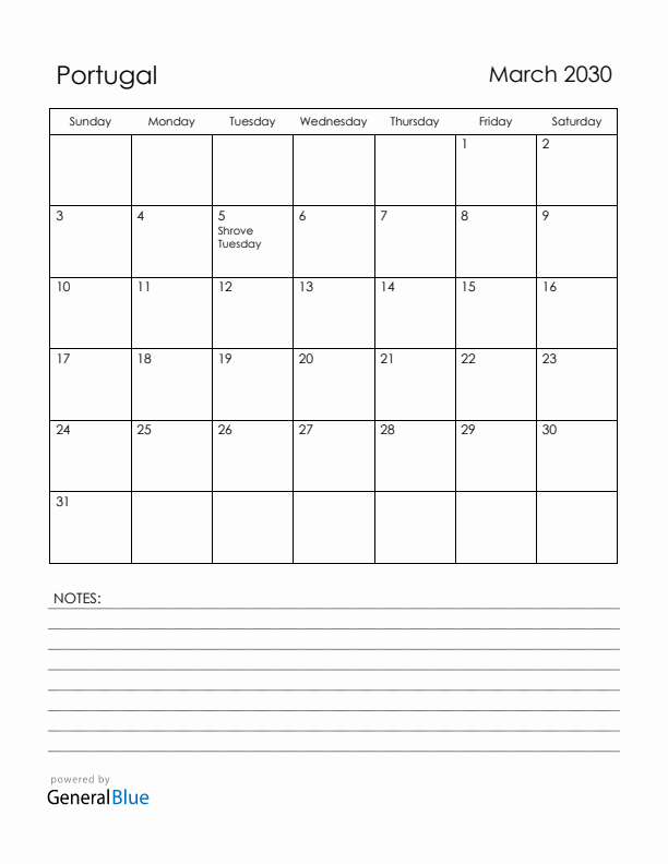 March 2030 Portugal Calendar with Holidays (Sunday Start)
