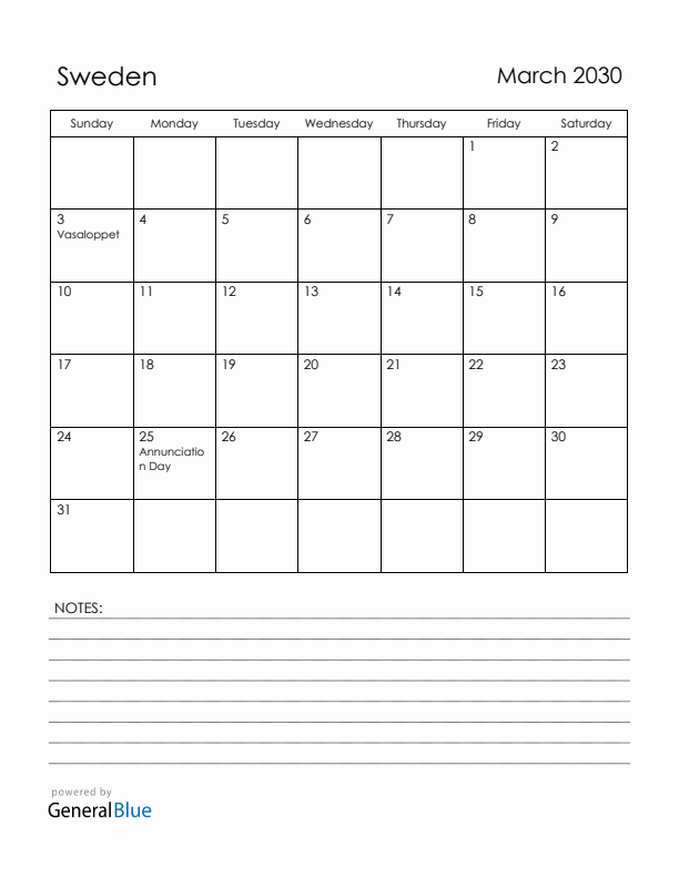 March 2030 Sweden Calendar with Holidays (Sunday Start)