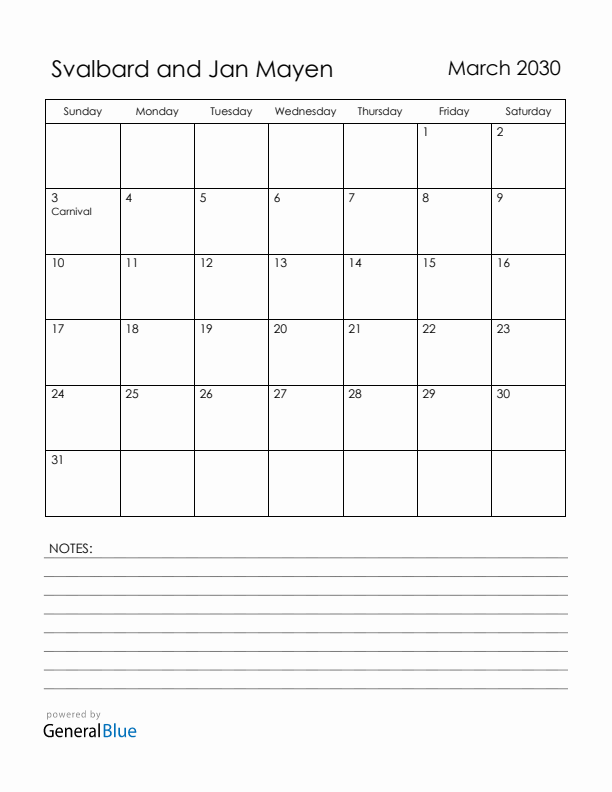 March 2030 Svalbard and Jan Mayen Calendar with Holidays (Sunday Start)