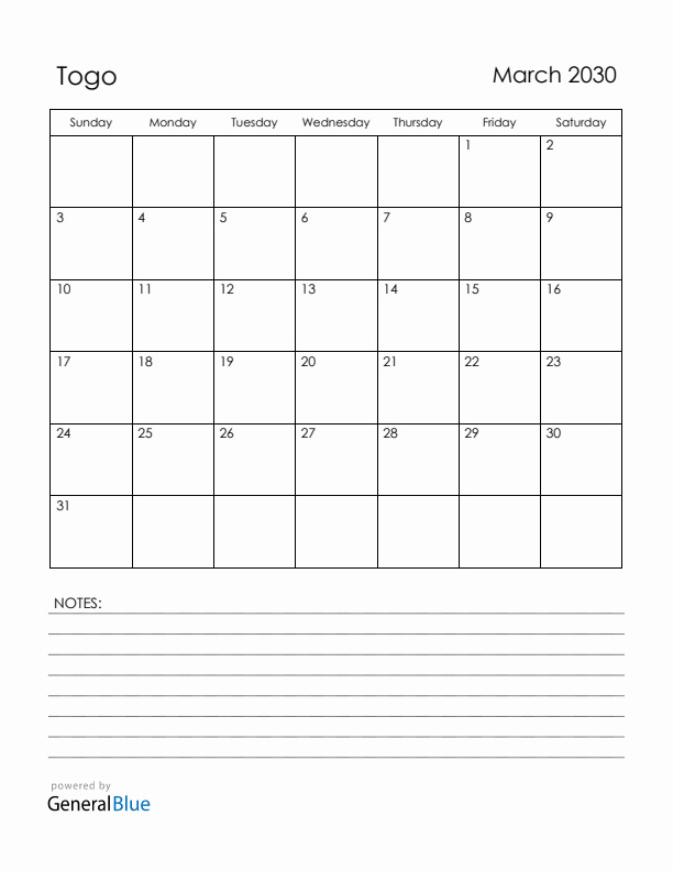 March 2030 Togo Calendar with Holidays (Sunday Start)