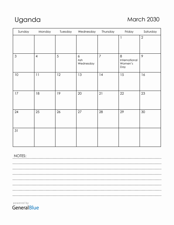 March 2030 Uganda Calendar with Holidays (Sunday Start)