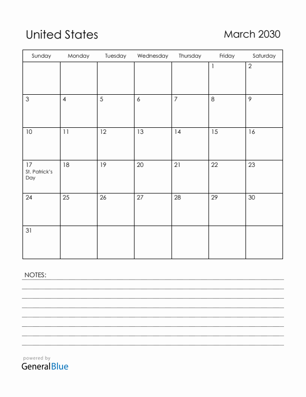 March 2030 United States Calendar with Holidays (Sunday Start)